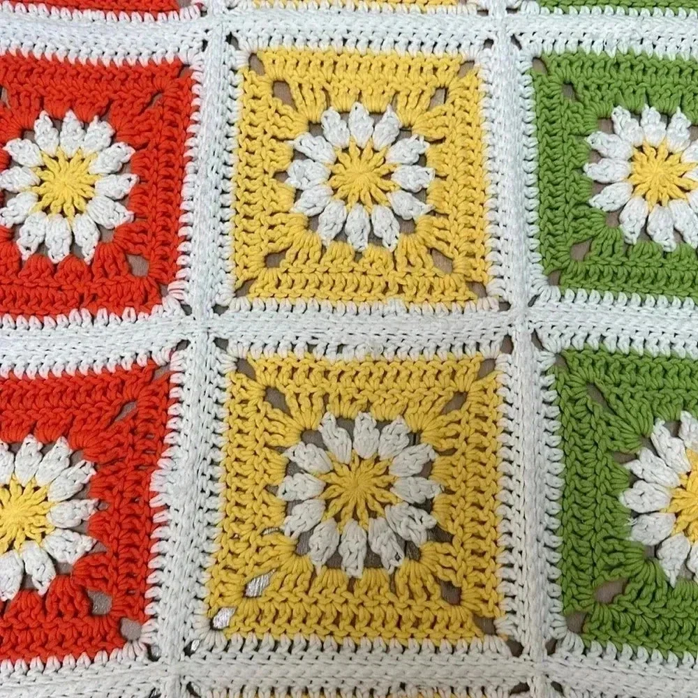 Vintage Floral Granny Square Crochet Hand Knit Throw Blanket Retro Colorful